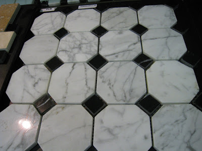 Lagos Azul and Carrara Marble Mosaic Tile in an octagon and dot pattern