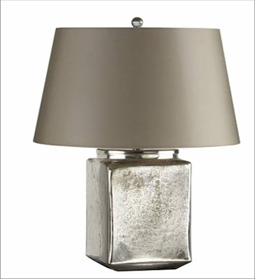 Lamp with a square antiqued mercury glass base and a grey lamp shade from Crate & Barrel 