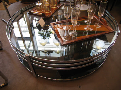 Art deco reproduction polished metal and glass round coffee table