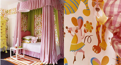 Girl's room with bright, animal print wallpaper, and a pink gingham canopy bed
