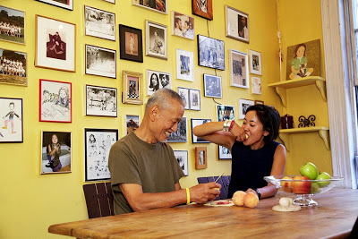 Bright yellow kitchen in the home of a graphic designer and his fashion editor daughter featured on The Selby 