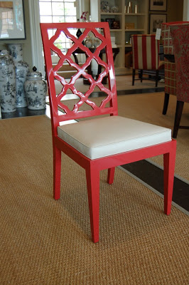 Red lacquer dining chair with Moroccan pattern lattice back from Plush Home