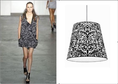 Left: Model from Alexander Wang's show wearing a black and white dress. Right: Black and white pendant light