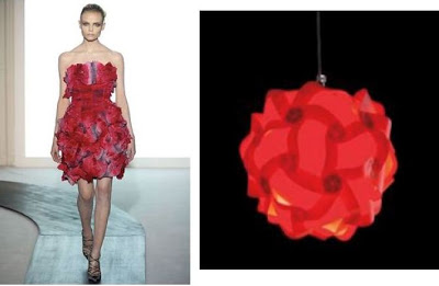 Left: model wearing a red dress from Valentino, Right: Red pendant light based on Antonio Carrillo's
