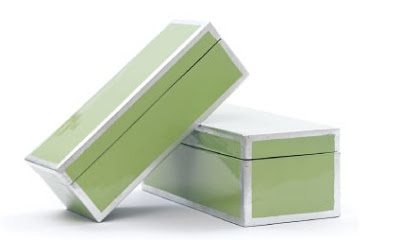 Green lacquer boxes with white trim from Mitchell Gold + Bob Williams