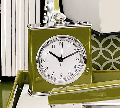 Army green square clock with a glossy finish and a round face from Pottery Barn