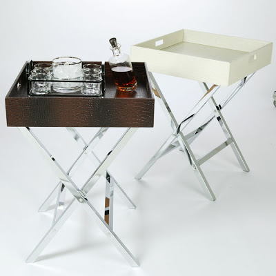 Bar tables with polished chrome X-base and a faux crock tray from Z Gallerie