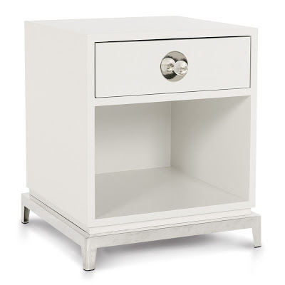 White lacquer end table with lucite knob and polished nickel knob plate from Jonathan Adler