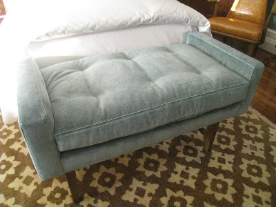 Close up of Tiffany blue velvet bench in a guest bedroom in the Greystone Mansion