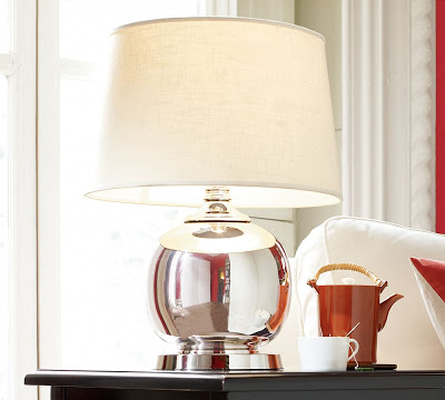 Round table lamp with a polished nickel base from Pottery Barn
