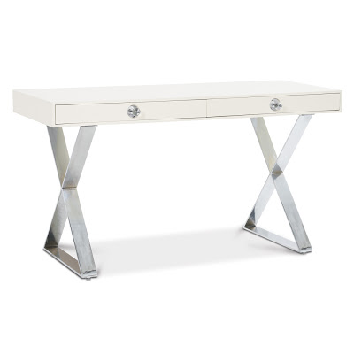 White lacquer desk with an X base and polished nickel legs from Jonathan Adler