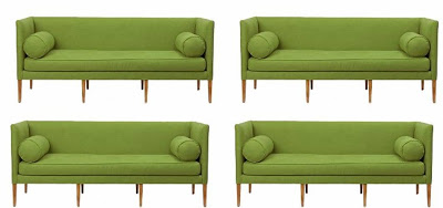 Eight images of a modern sofa upholstered in green linen from Anthropologie