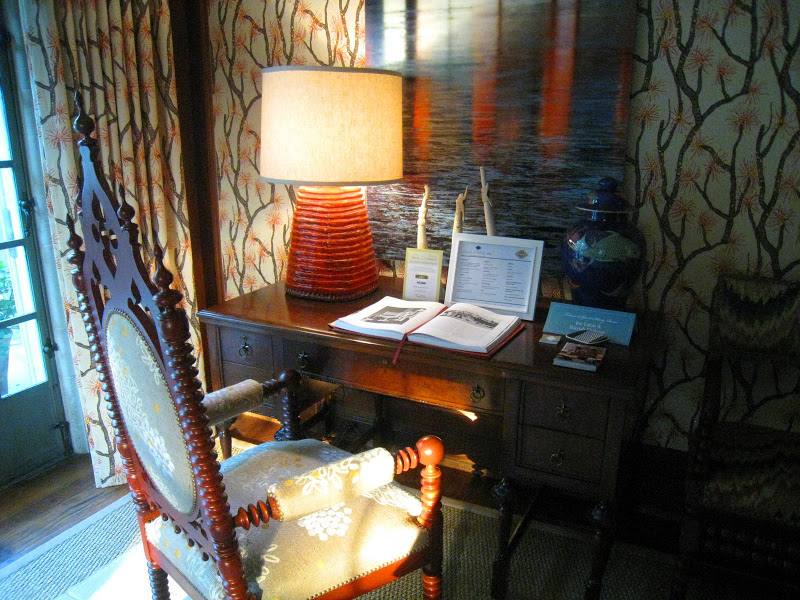 Desk in a sitting room designed by Lucas Studio, Inc in the Greystone Mansion with a regal high back chair