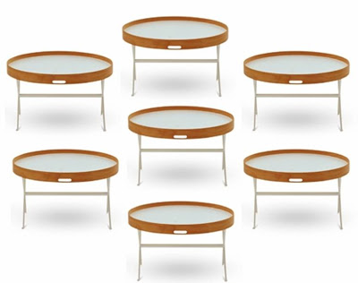 Seven round coffee tables with beech tops with laminate removable tray, steel metal base from Conran Shop