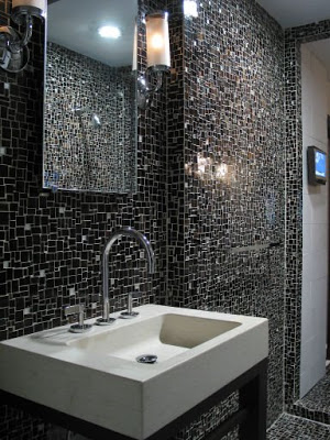 Modern bathroom with black Erin Adams mosaic tile walls