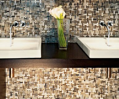 Erin Adams mosaic tile in taupe and brown in a modern bath with a simple sink console and top mounted sinks