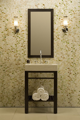 Bathroom with green vine inspired tile by Erin Adams and a dark walnut vanity and mirror