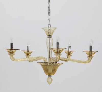 Five arm chandelier made of smoked amber glass from Pottery Barn