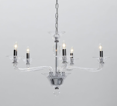 Five arm chandelier made of clear glass from Pottery Barn