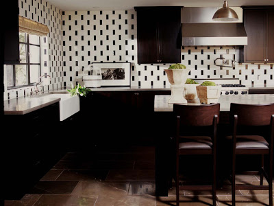 Kitchen designed by Betsy Burnham with black and white tiles, quartz stone countertop and stainless appliances