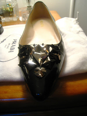Prada black jewel toe patent leather flats