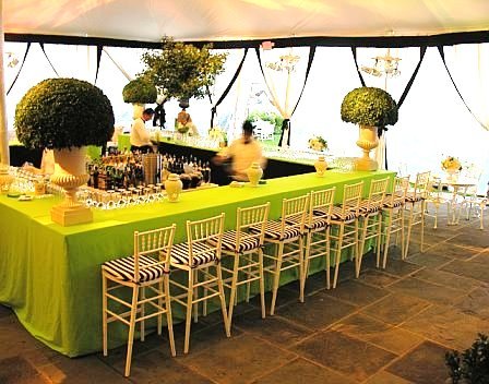 Square communal bar at a wedding reception by Delaney Todd Bagwell with lime green draping, large green topiaries in white urns and a row of white bamboo stools