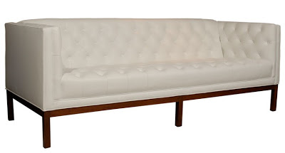 (Vintage tuxedo style sofa with new white leather upholstery and diamond tufting from Pieces