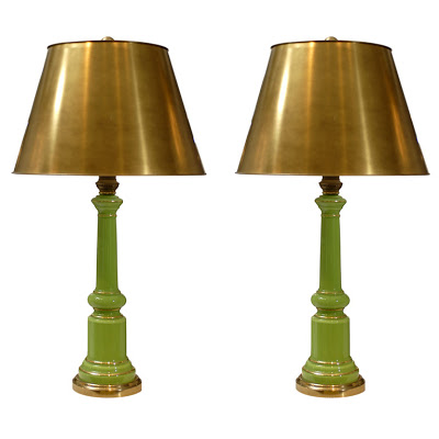 Pair of green reverse painted glass lamps with original gold details from Pieces