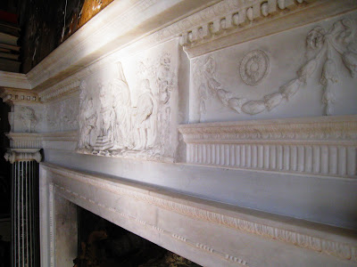 Detail of relief on stone fireplace mantel in Grand Salon Ballroom in the Greystone Mansion