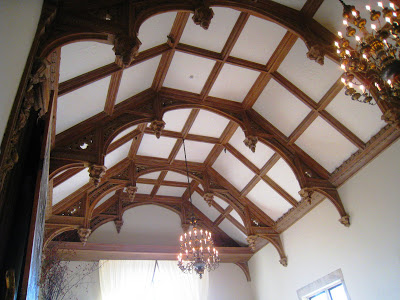 Barrel vaulted beamed ceiling in the Grand Salon Ballroom of the Greystone Mansion