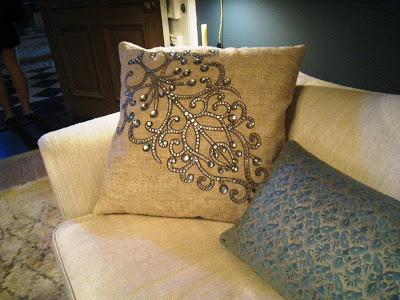 Detail of an accent pillow in the Salon D'Art at the Greystone Mansion was designed by Katie Leede-McGloin