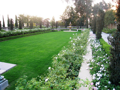 Manicured grass gardens on the grounds of the Greystone Mansion in Beverly Hills, California