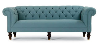 Blue tufted tight back sofa with curved rolled arms and back from Michelle Gold + Bob Williams
