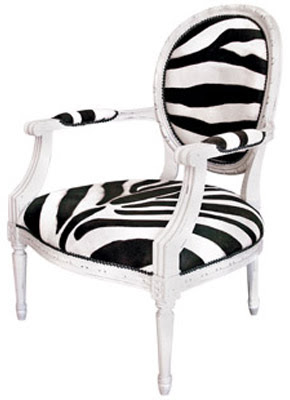 Zebra print upholstered Louis inspired chair with nail head trim from Maison Luxe