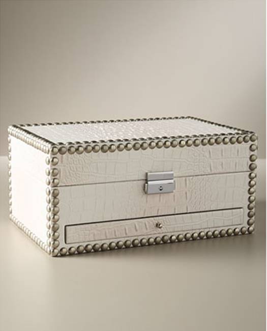 White faux crocodile jewelry box with nail head trim from Neiman Marcus