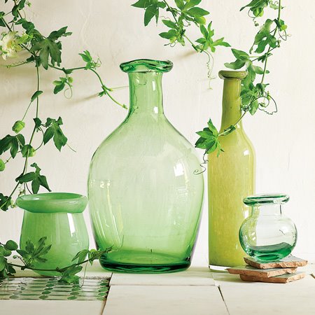 Green vintage shaped glass jars, pots, bottles and vases from West Elm