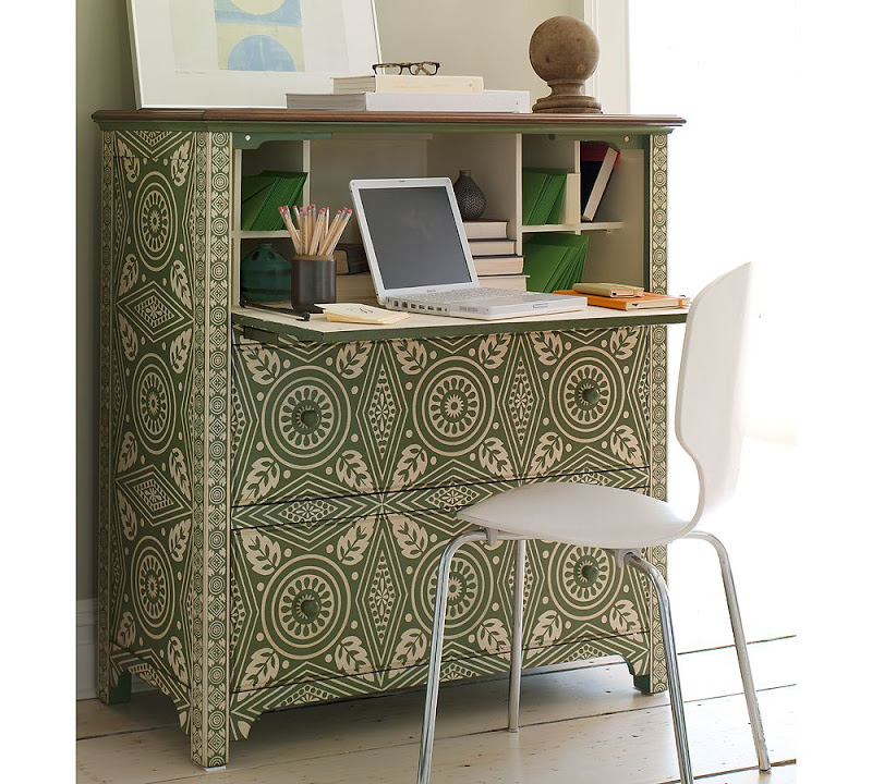 Green and white geometrical patterned European tile inspired handpainted secretary or office armoire from Pottery Barn