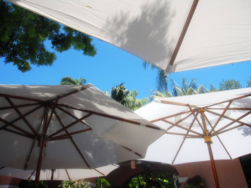 White market umbrellas on the patio at the Polo Lounge at the Beverly Hills Hotel