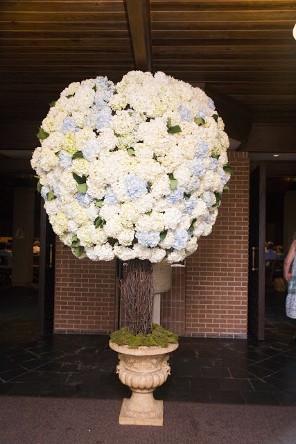 Pale hydrangea topiary in an off white urn at a wedding reception by Delaney Todd Bagwell