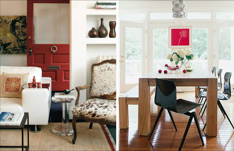 On the left: a living room with a bright red front door. On the right: A dining room with a small red painting and simple modern chairs, bench and farmhouse table