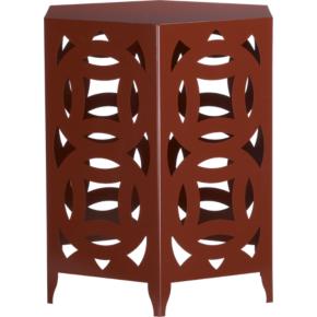 Hexagon shaped steel side table with Chinese and Celtic circular cutouts from Crate and Barrel
