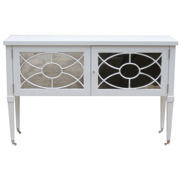 White lacquer wood and mirrored console cabinet from Windsor Smith Home