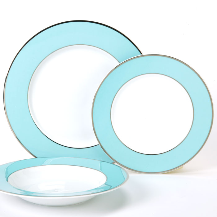 Porcelain with band applied applique in Tiffany blue with brown band outlined in platinum dinnerware from Z Gallerie