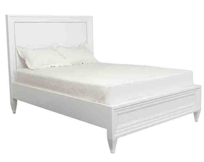 White lacquer wood bed with white velvet upholstered headboard with nickel nail head trim detail from Z Gallerie
