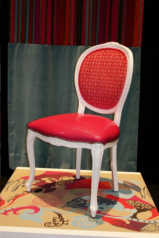 White lacquered Louis accent chair with hot pink embossed leather seat and flocked velvet upholstery