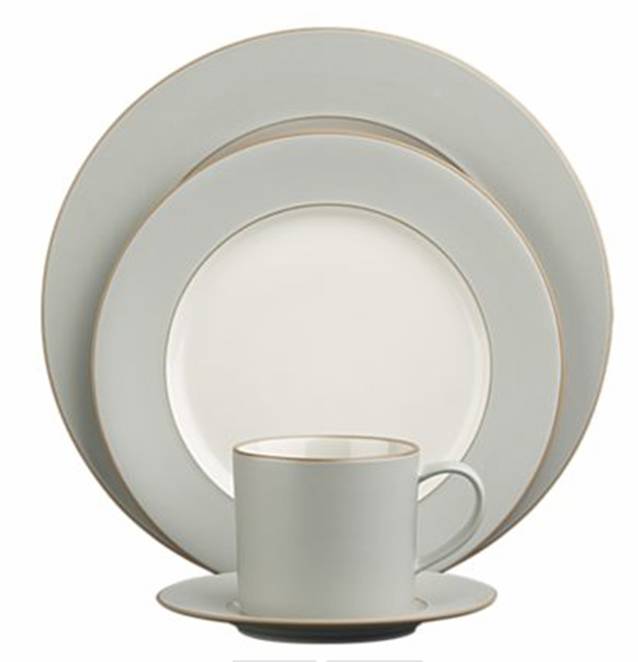 White clay stoneware dinnerware with grey rim from Crate & Barrel