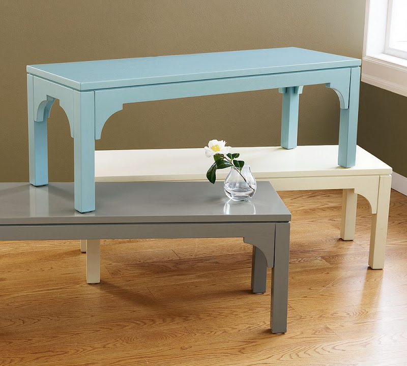 Grey, white and blue birch benches with high gloss lacquer finish from Pottery Barn