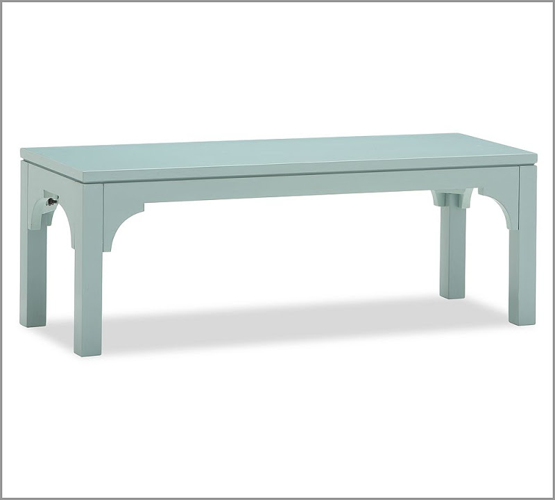 Blue birch bench with high gloss lacquer finish from Pottery Barn