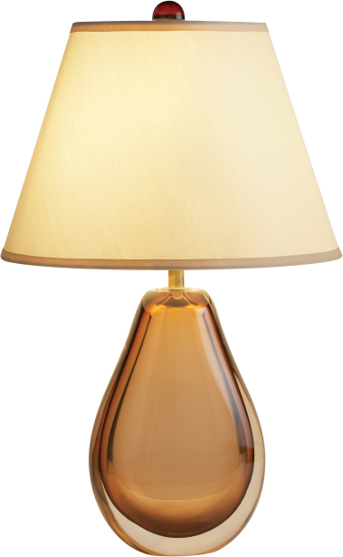 Amber hand Sommerso glass blown teardrop shaped table lamp with a Murano glass finial and an off white shade from Baker