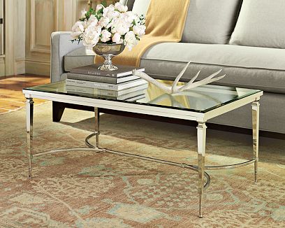 Polished nickel plate frame and tempered glass top coffee table from William Sonoma Home
